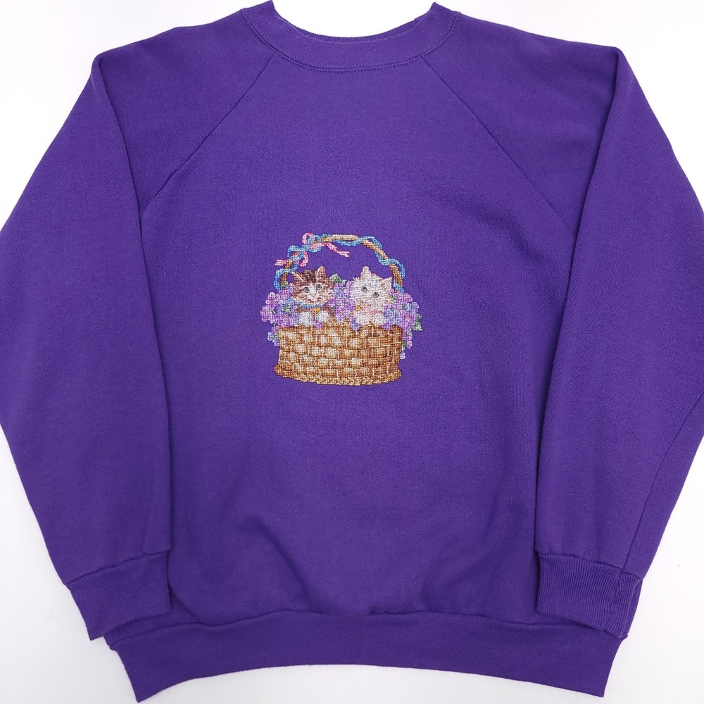 Vintage Grandma Sweater Womens L‎ Purple Embroidered Kittens Cats Crew Neck